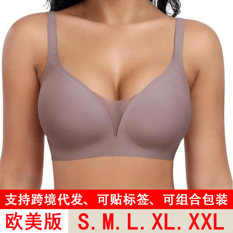 欧码跨境无痕美背一片式内衣后排扣无钢圈背心女外贸大码聚拢文胸