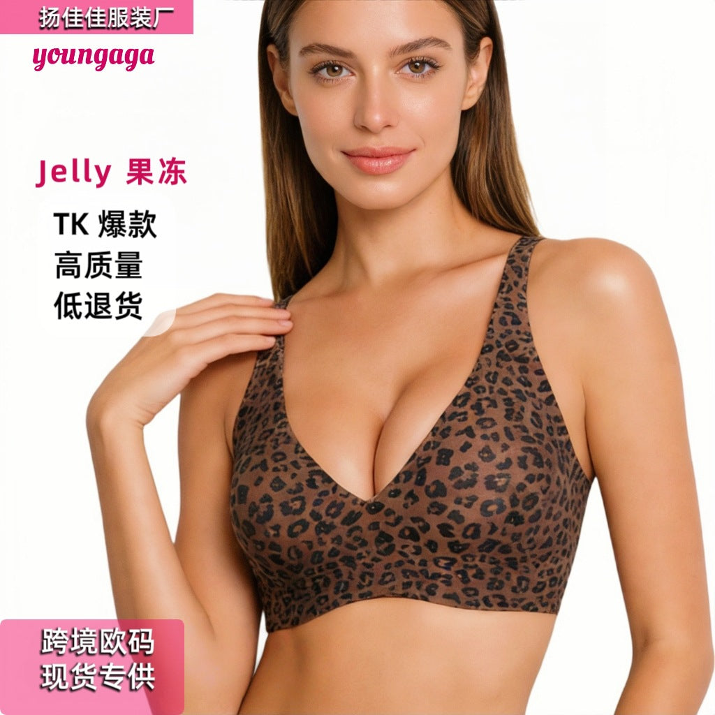 跨境果冻深V豹纹外贸热卖欧美爆款无痕无钢圈全罩杯大码文胸现货